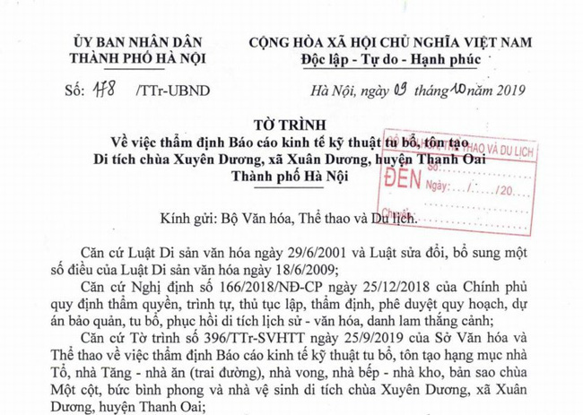 Trình Bộ VHTTDL thẩm định Báo cáo KTKT tu bổ, tôn tạo di tích chùa Xuyên Dương
