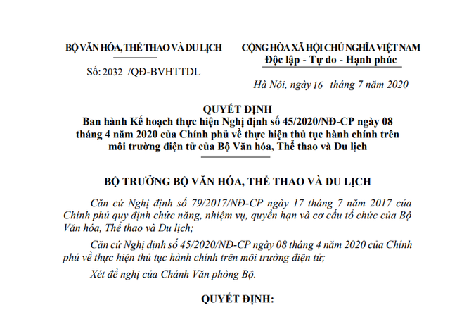 Thực hiện thủ tục hành chính trên môi trường điện tử của Bộ Văn hóa, Thể thao và Du lịch