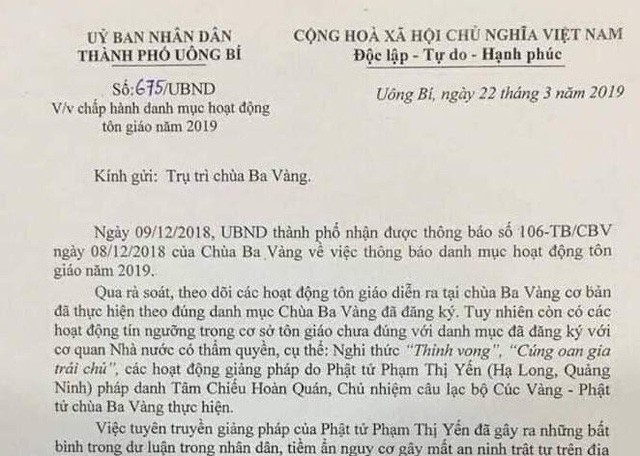 Quảng Ninh: Yêu cầu chùa Ba Vàng chấm dứt ngay các chương trình không có trong danh mục hoạt động tôn giáo 2019