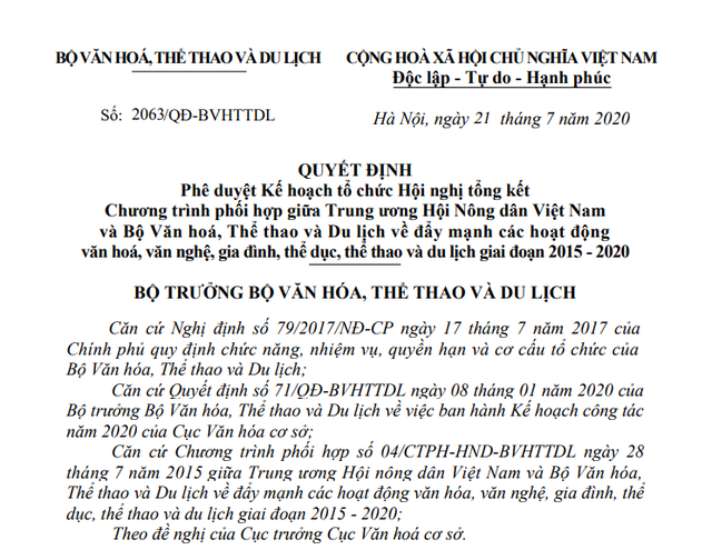 Tổng kết Chương trình phối hợp giữa Trung ương Hội Nông dân Việt Nam và Bộ Văn hoá, Thể thao và Du lịch