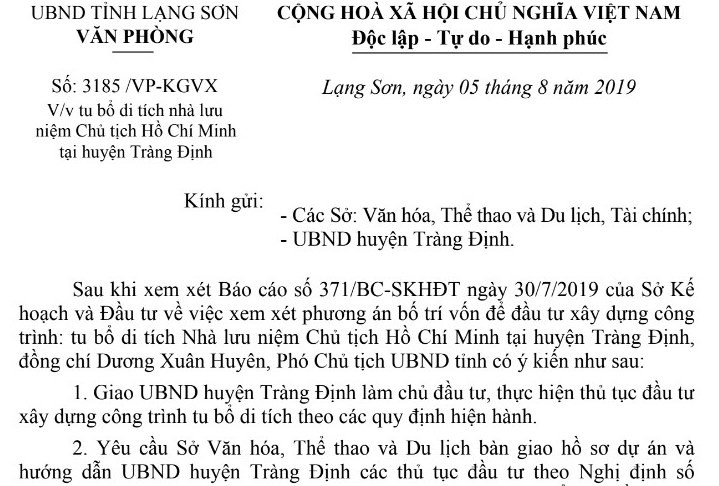 Lạng Sơn tu bổ di tích nhà lưu niệm Chủ tịch Hồ Chí Minh tại huyện Tràng Định