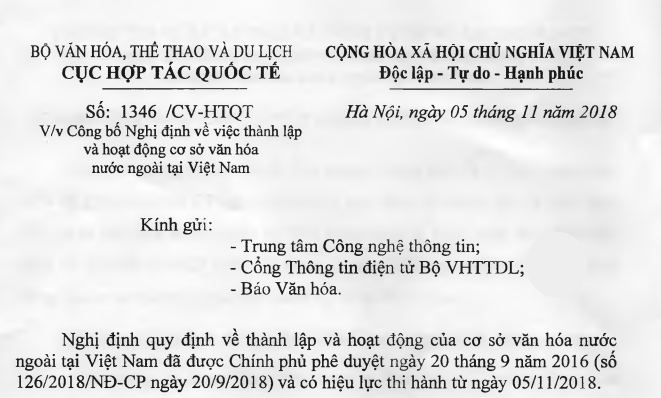 Thông tin về Nghị định quy định thành lập và hoạt động cơ sở văn hóa nước ngoài tại Việt Nam