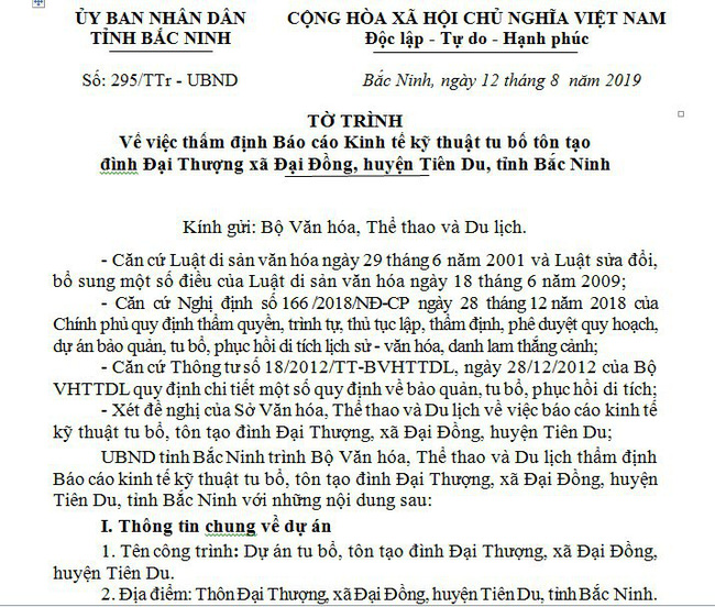 Bắc Ninh trình Bộ VHTTDL thẩm định Báo cáo Kinh tế kỹ thuật Dự án tu bổ, tôn tạo đình Đại Thượng