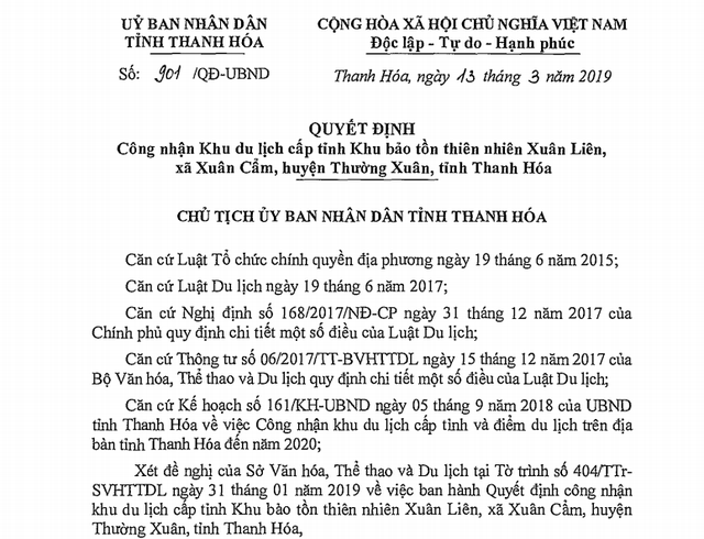Thanh Hóa: Công nhận Khu du lịch cấp tỉnh Khu bảo tồn thiên nhiên Xuân Liên