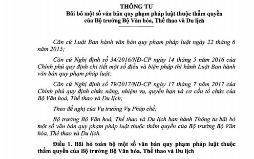 Bộ VHTTDL lấy ý kiến dự thảo Thông tư bãi bỏ một số văn bản quy phạm pháp luật thuộc thẩm quyền của Bộ trưởng Bộ VHTTDL